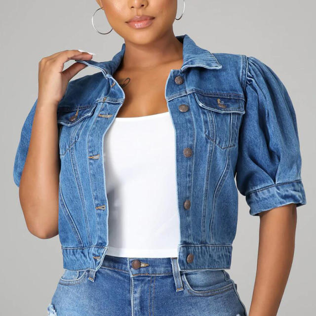 New design puff sleeve denim short jacket cropped tops