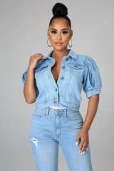 New design puff sleeve denim short jacket cropped tops
