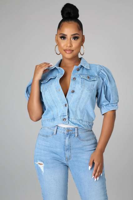 New design puff sleeve denim short jacket cropped tops