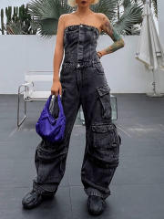 Popular boyfriend design denim wide leg off shoulder jumpsuit