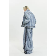 Amercian casual light blue jean jacket set with pants