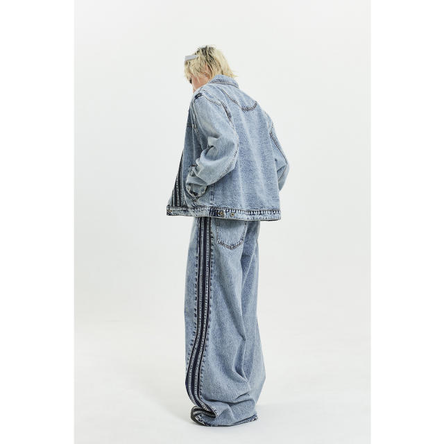 Amercian casual light blue jean jacket set with pants