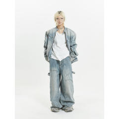 Hiphop oversize pink and blue color jean jacket pants set