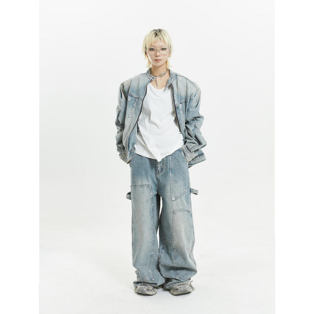 Hiphop oversize pink and blue color jean jacket pants set