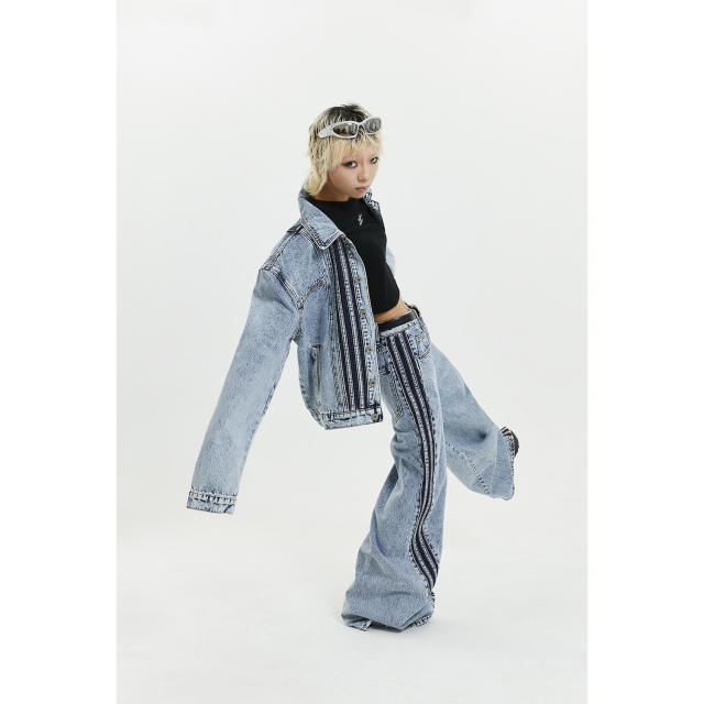 Amercian casual light blue jean jacket set with pants