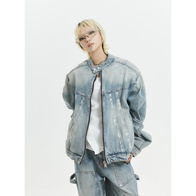 Hiphop oversize pink and blue color jean jacket pants set