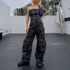 Popular boyfriend design denim wide leg off shoulder jumpsuit