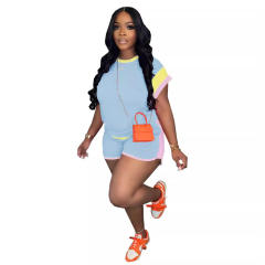 Summer bright color casual round collar t shirt shorts set