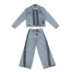 Amercian casual light blue jean jacket set with pants