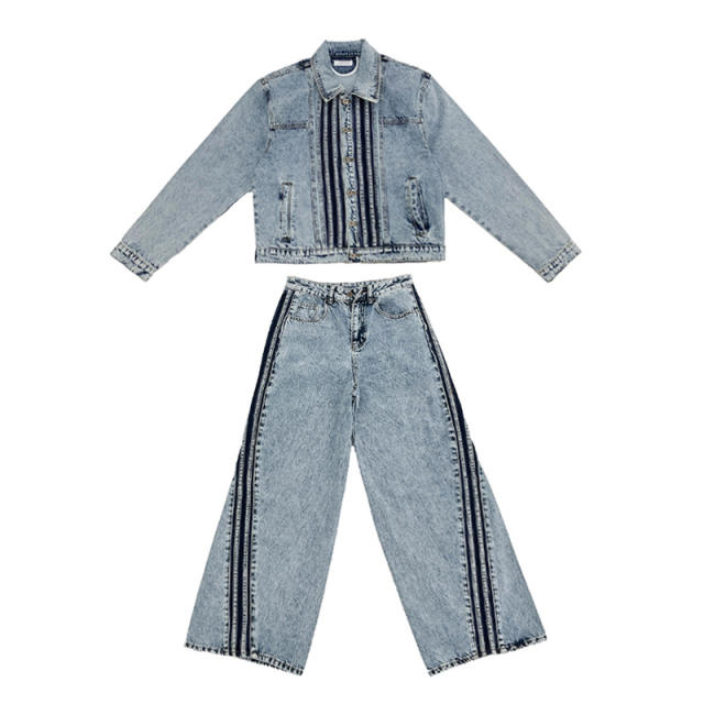 Amercian casual light blue jean jacket set with pants