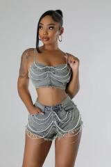 Sexy pearl chain tassel jean crop tops shorts set