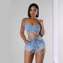 Sexy pearl chain tassel jean crop tops shorts set