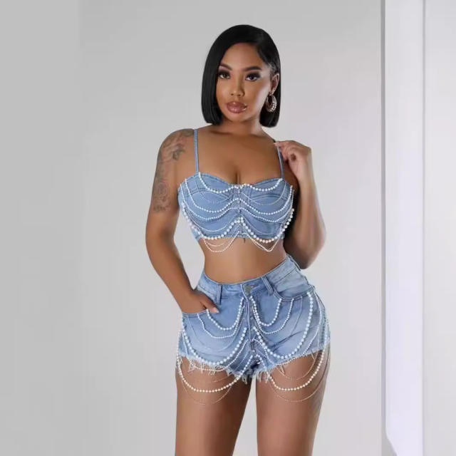 Sexy pearl chain tassel jean crop tops shorts set