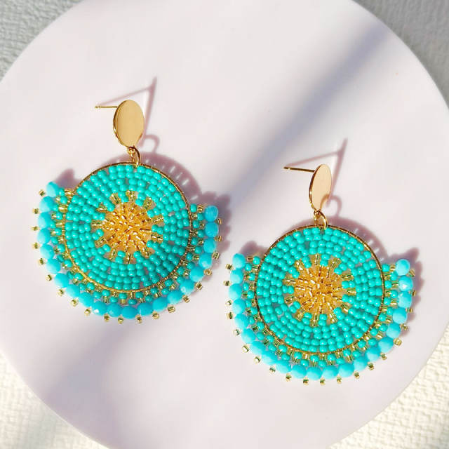 Boho handmade green color bead fan shape dangle earrings stainless steel earrings
