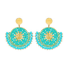 Boho handmade green color bead fan shape dangle earrings stainless steel earrings