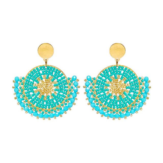 Boho handmade green color bead fan shape dangle earrings stainless steel earrings