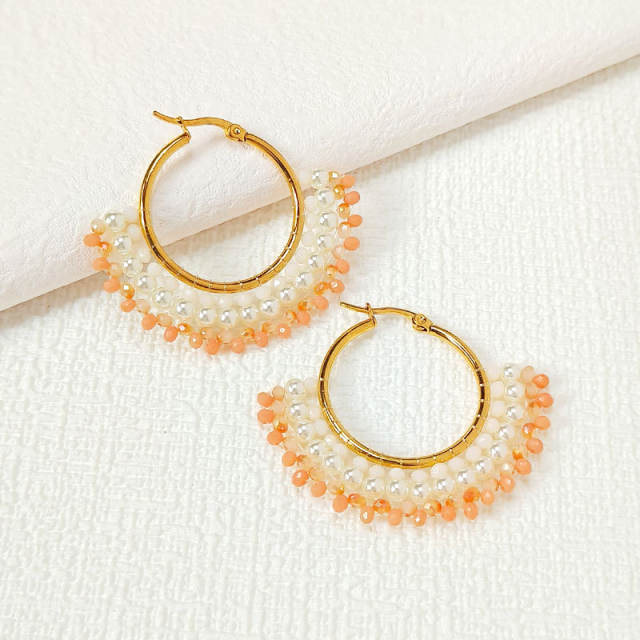Boho handmade colorful bead fan shape stainless steel hoop earrings