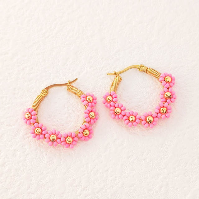 Boho colorful bead flower stainless steel hoop earrings