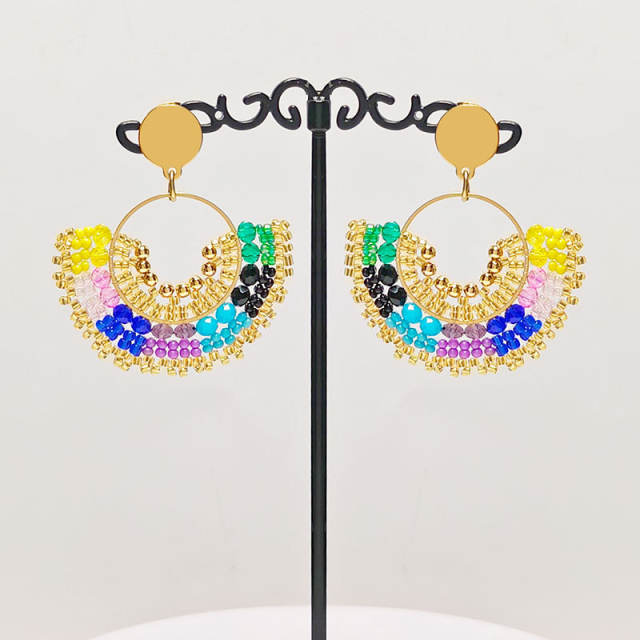 Boho colorful bead fan shape stainless steel earrings