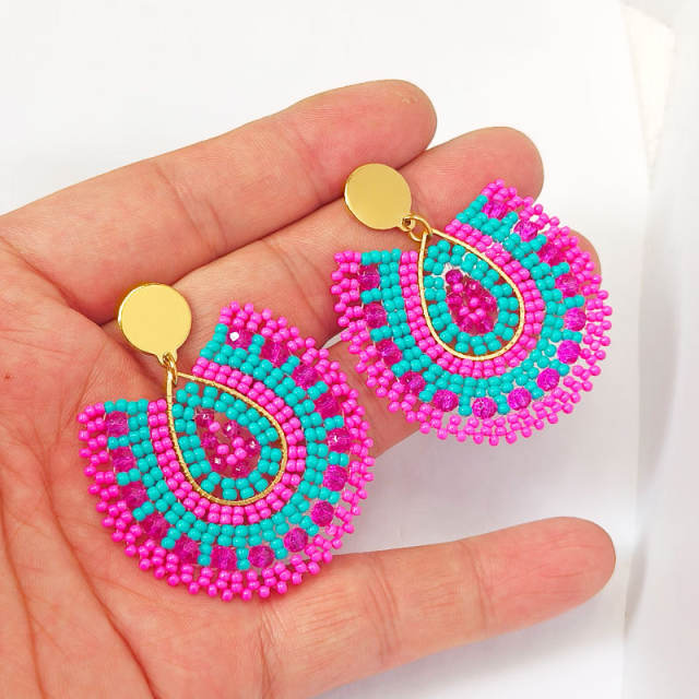 Boho handmade rose red bead drop shape stainless steel earrings