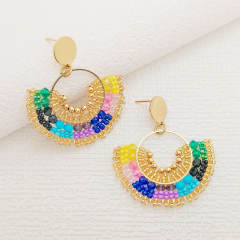 Boho colorful bead fan shape stainless steel earrings