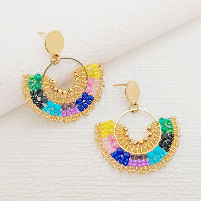 Boho colorful bead fan shape stainless steel earrings