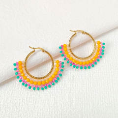 Boho handmade colorful bead fan shape stainless steel hoop earrings