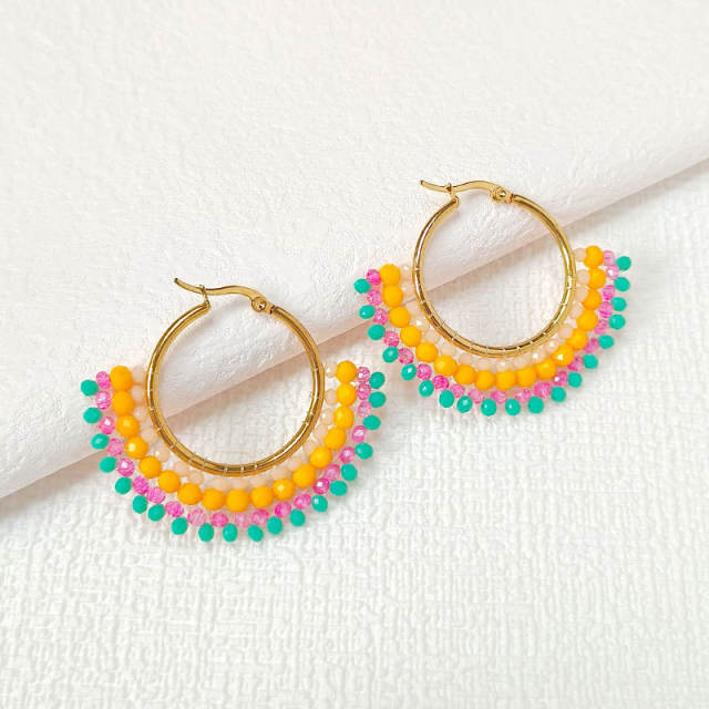 Boho handmade colorful bead fan shape stainless steel hoop earrings