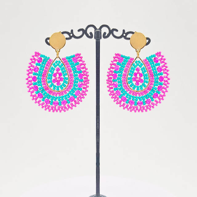 Boho handmade rose red bead drop shape stainless steel earrings