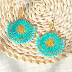 Boho handmade green color bead fan shape dangle earrings stainless steel earrings