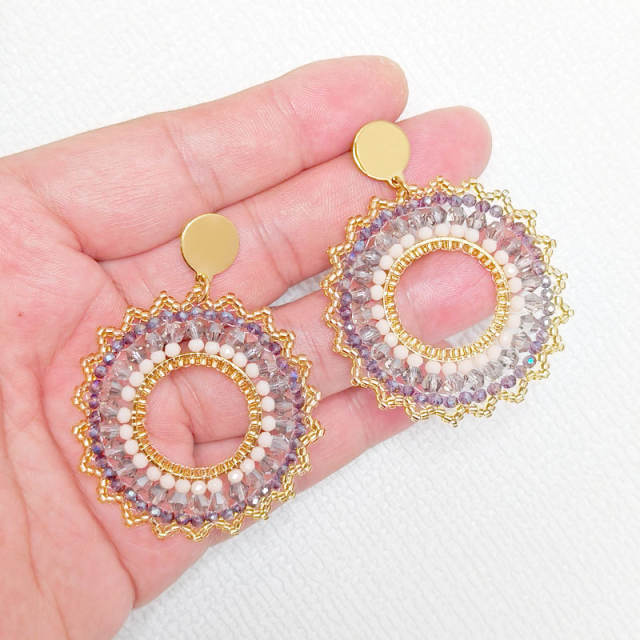 Boho handmade light purple bead circle earrings stainless steel earrings
