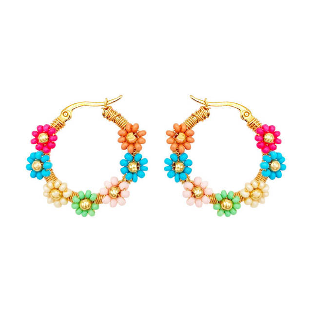 Boho colorful bead flower stainless steel hoop earrings