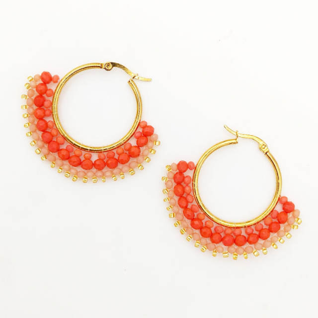 Boho handmade colorful bead fan shape stainless steel hoop earrings