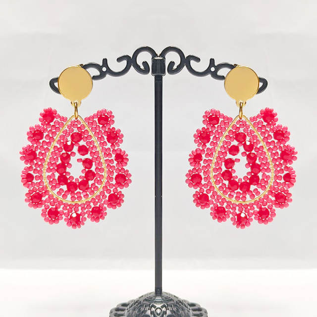 Boho handmade red bead drop shape stainless steel earrings