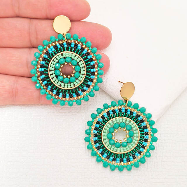 Boho green color bead handmade round shape stainless steel earrings