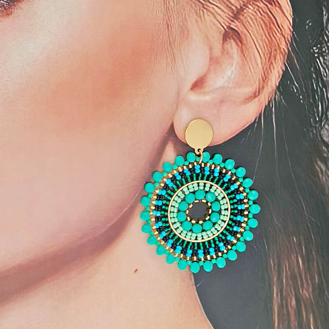 Boho green color bead handmade round shape stainless steel earrings