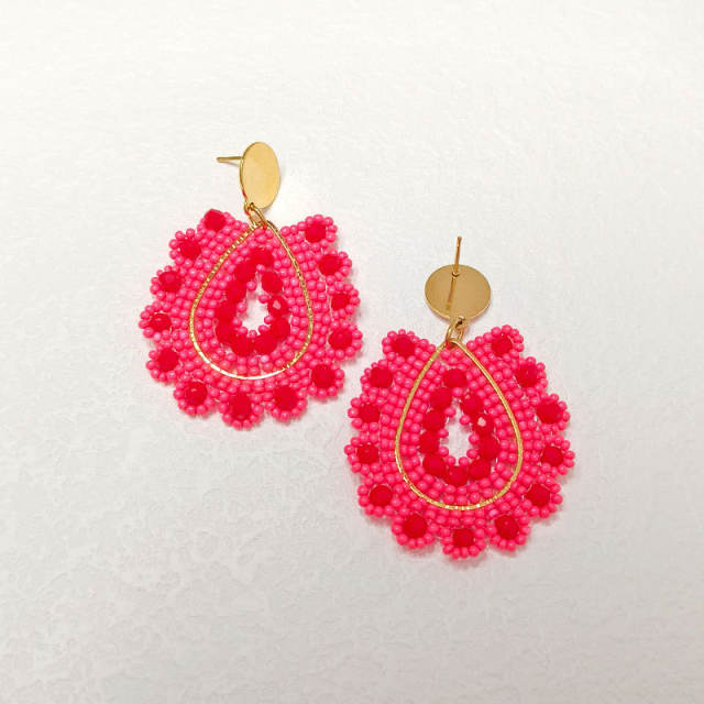 Boho handmade red bead drop shape stainless steel earrings