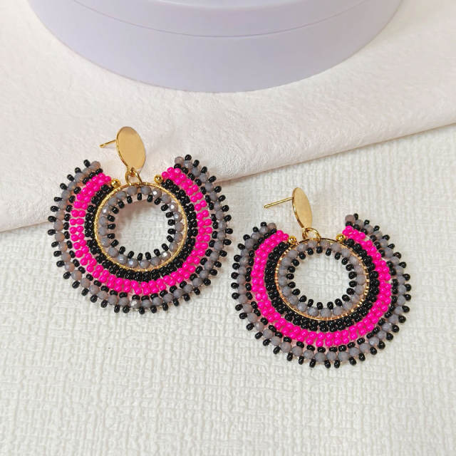 Boho handmade rose red color bead stainless steel earrings