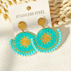 Boho handmade green color bead fan shape dangle earrings stainless steel earrings