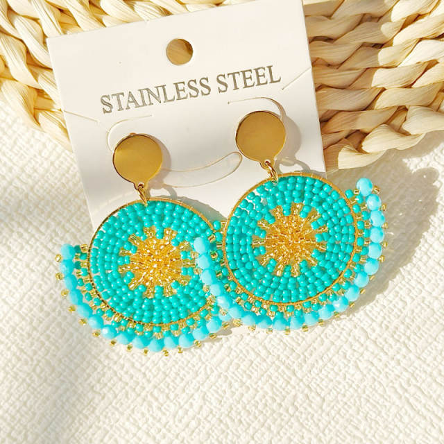 Boho handmade green color bead fan shape dangle earrings stainless steel earrings