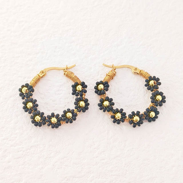 Boho colorful bead flower stainless steel hoop earrings