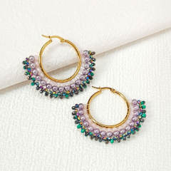 Boho handmade colorful bead fan shape stainless steel hoop earrings