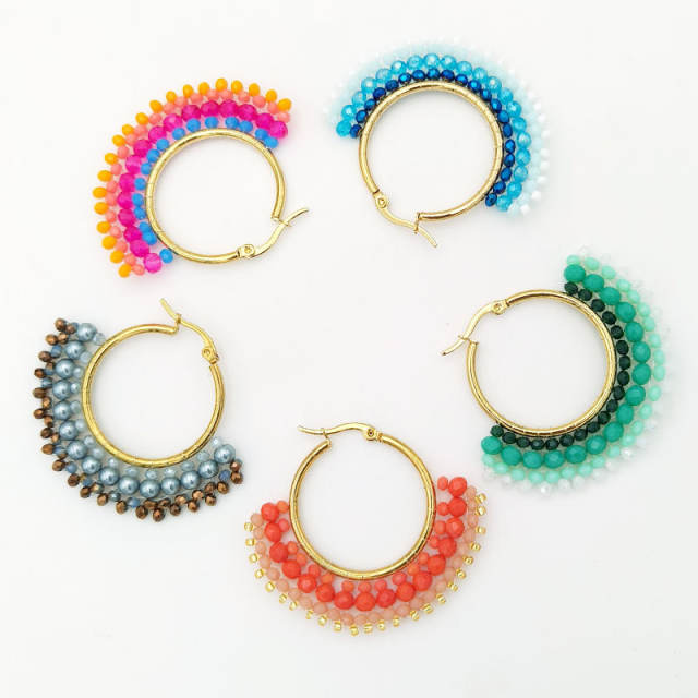 Boho handmade colorful bead fan shape stainless steel hoop earrings