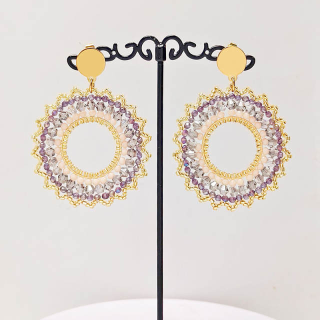 Boho handmade light purple bead circle earrings stainless steel earrings
