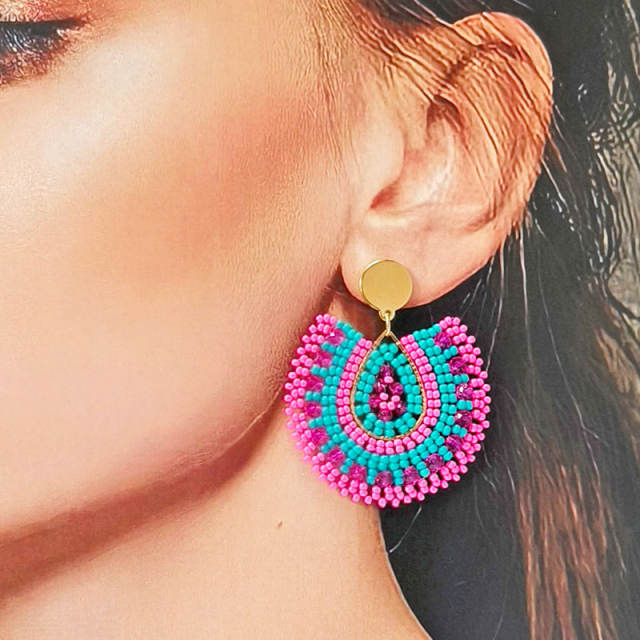 Boho handmade rose red bead drop shape stainless steel earrings