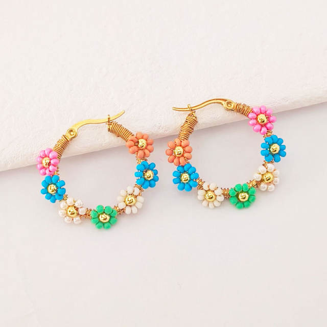 Boho colorful bead flower stainless steel hoop earrings