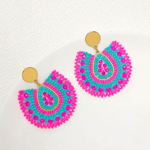 Boho handmade rose red bead drop shape stainless steel earrings