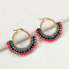 Boho handmade colorful bead fan shape stainless steel hoop earrings