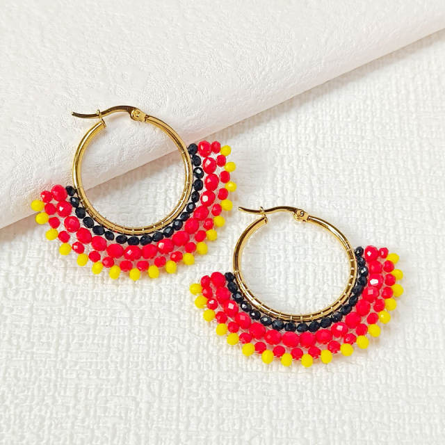 Boho handmade colorful bead fan shape stainless steel hoop earrings