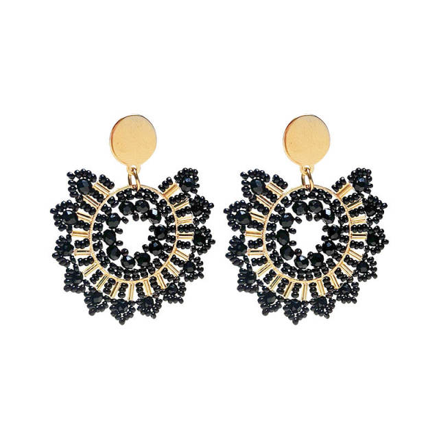 Boho handmade black white beaded flower stainless steel earrings
